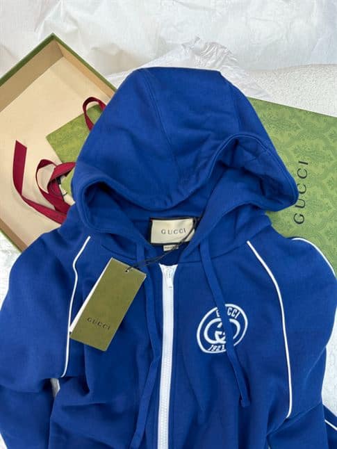 GUCCI BLUE COTTON JERSEY LOGO ZIPPED HOODIE – GCJ036