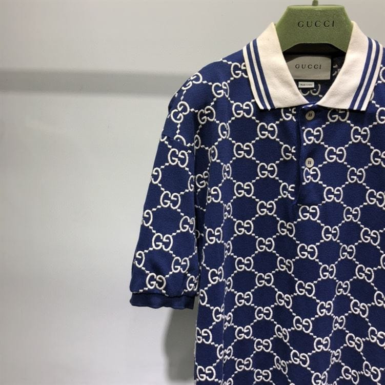 GUCCI DARK BLUE COTTON PIQUET GG STRETCH POLO – GGS013