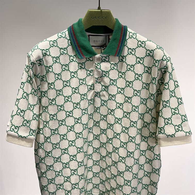 GUCCI GG STRETCH COTTON POLO IN OFF-WHITE AND GREEN – GGS007