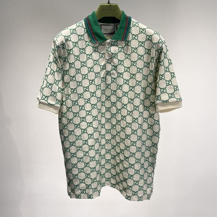 GUCCI GG STRETCH COTTON POLO IN OFF-WHITE AND GREEN – GGS007