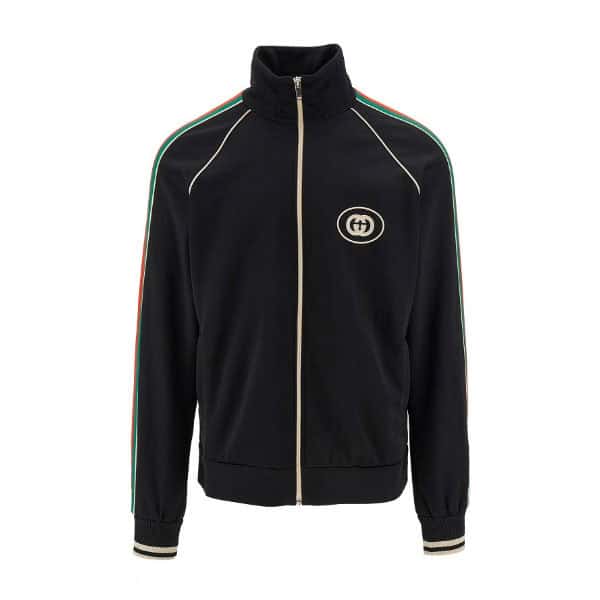 GUCCI LOGO APPLIQUED STRIPED TECH-JERSEY TRACK JACKET IN BLACK – GCJ017