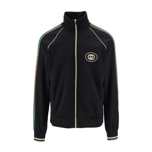 GUCCI LOGO APPLIQUED STRIPED TECH-JERSEY TRACK JACKET IN BLACK – GCJ017
