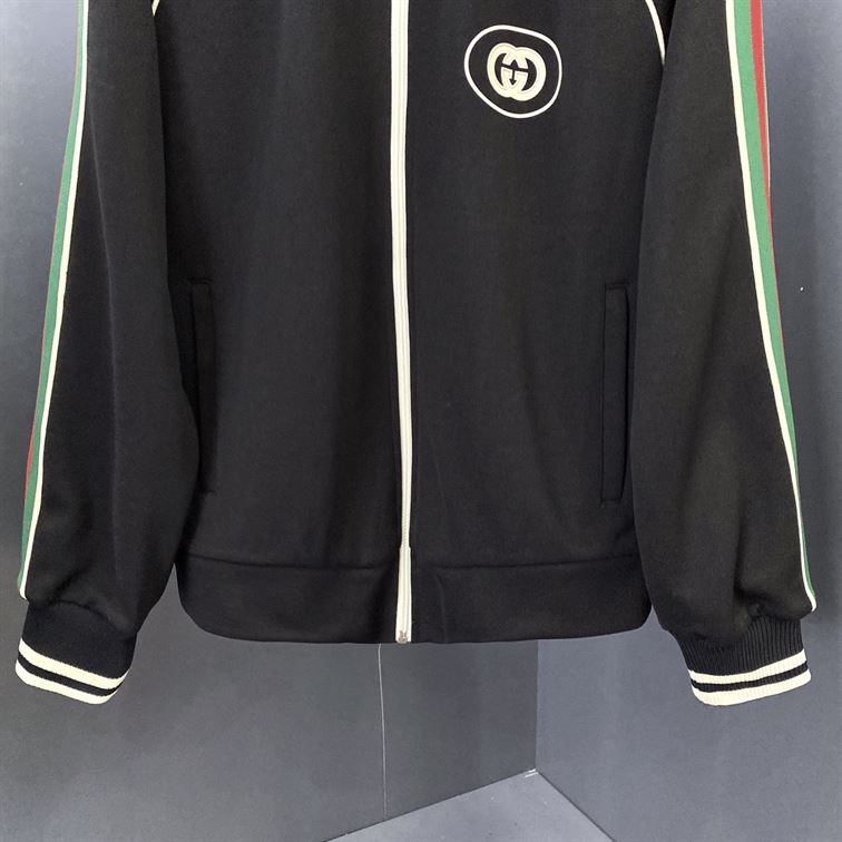 GUCCI LOGO APPLIQUED STRIPED TECH-JERSEY TRACK JACKET IN BLACK – GCJ017