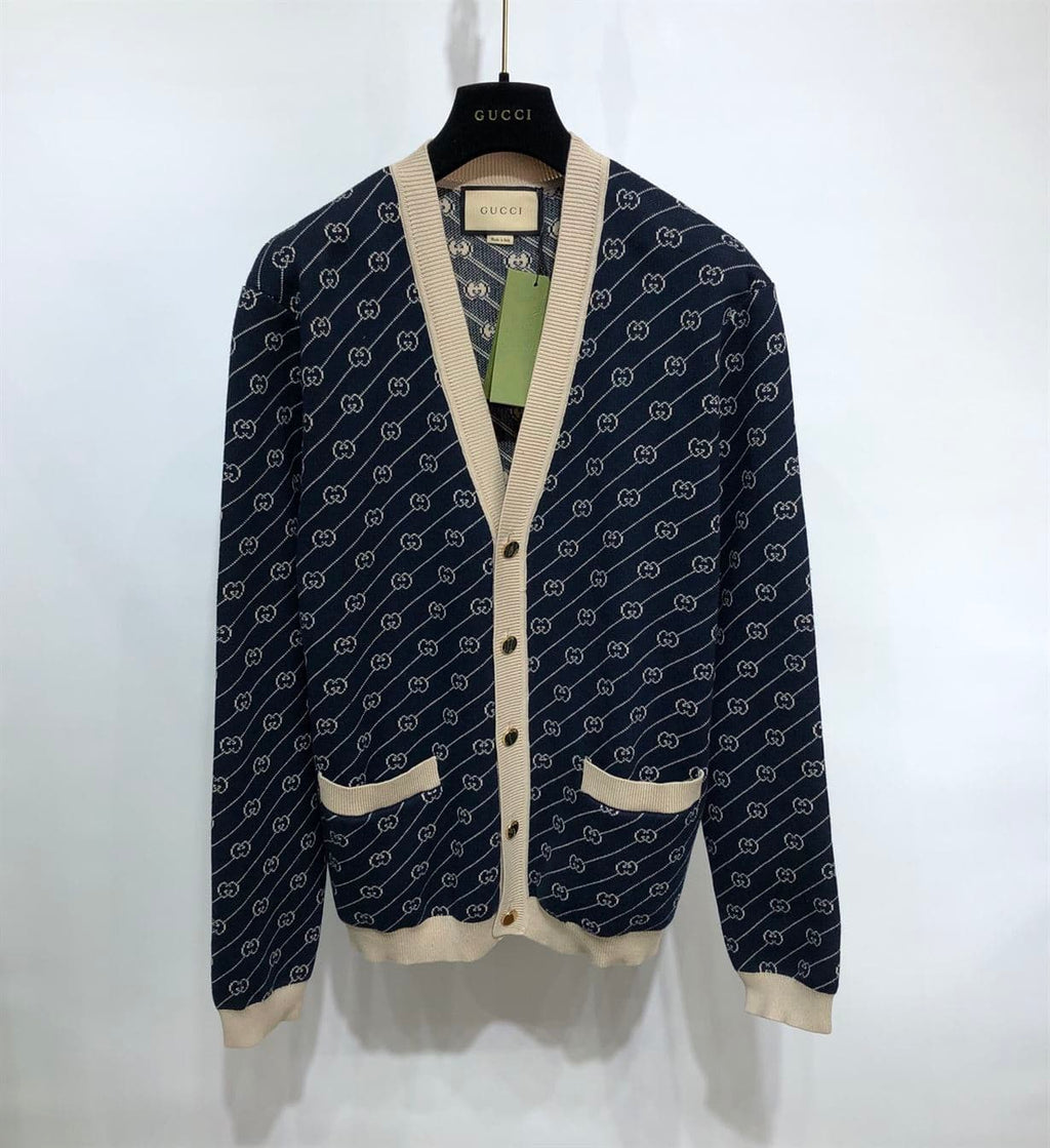 GUCCI NAVY & OFF-WHITE GG JACQUARD CARDIGAN – GCJ003